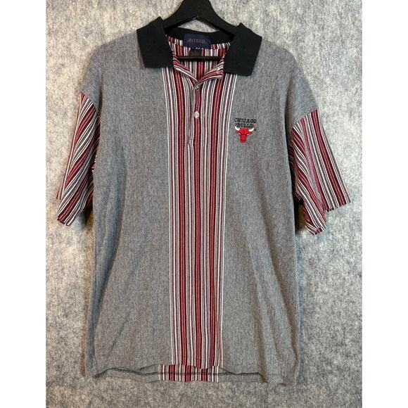 Vintage 90s Antigua Chicago Bulls Gray Striped Polo Made In USA - Large - Picture 1 of 8